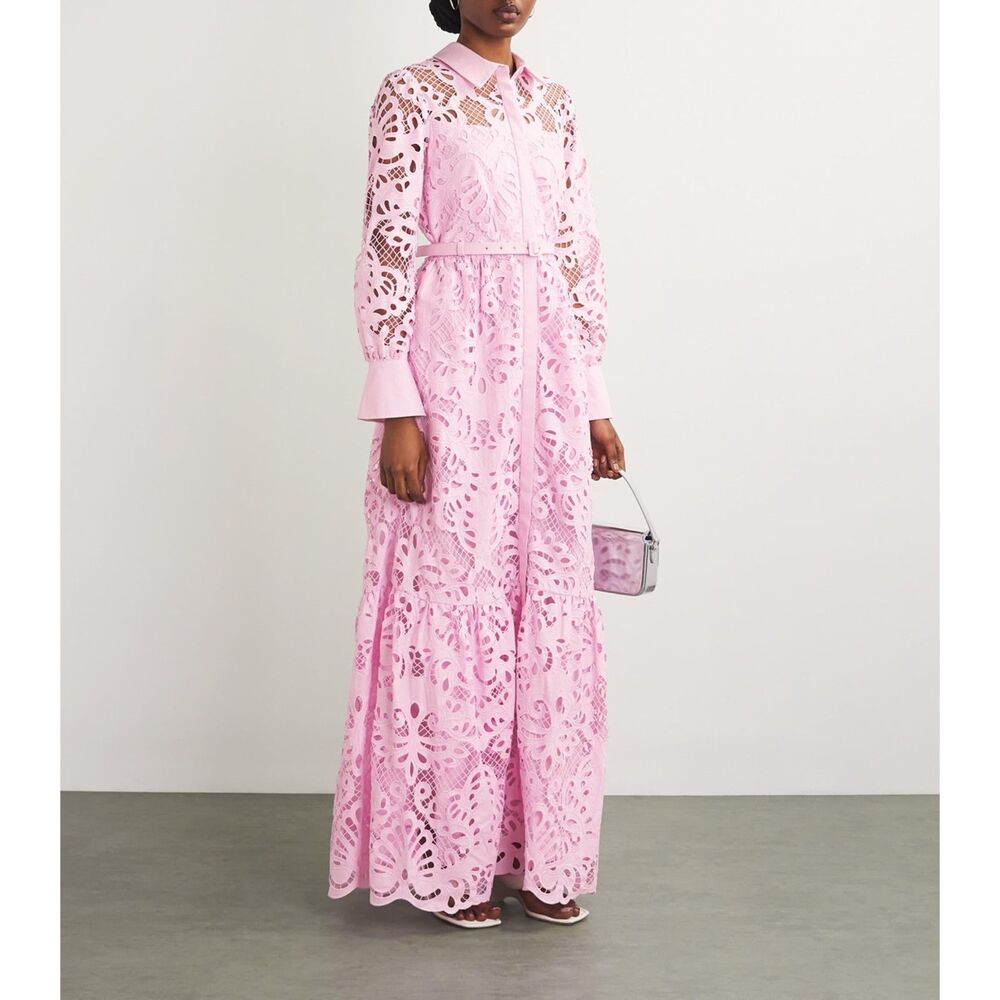 Self-Portrait Pink Cotton Lace Belted Maxi Dress NWT Size 2